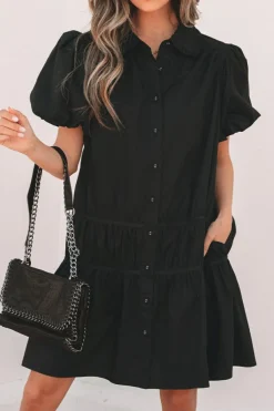 Sale Dear-Lover Shirt Style Button Down Puff Sleeve Ruffle Hem Dress Black