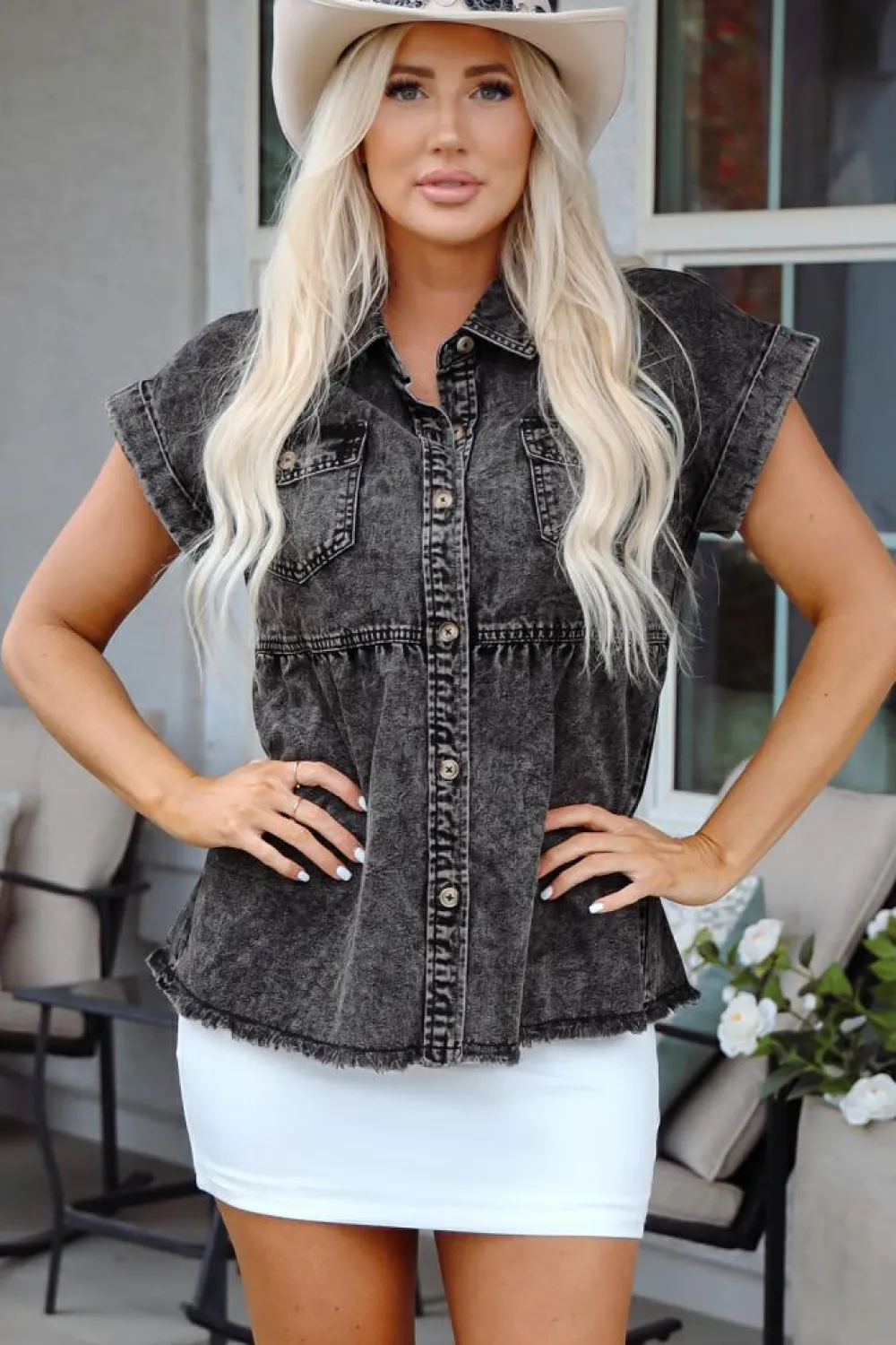 Best Dear-Lover Short Sleeve Flap Pocket Button Up Raw Hem Denim Shirt Black