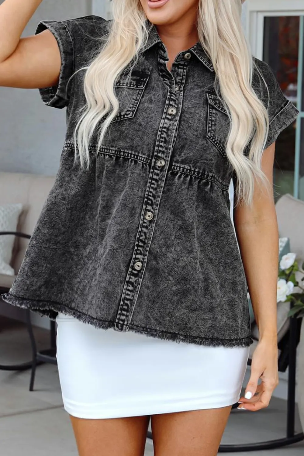 Best Dear-Lover Short Sleeve Flap Pocket Button Up Raw Hem Denim Shirt Black