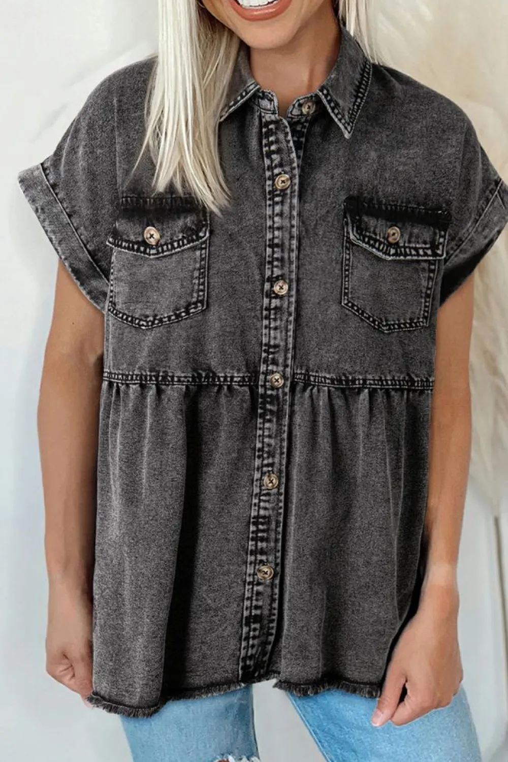 Best Dear-Lover Short Sleeve Flap Pocket Button Up Raw Hem Denim Shirt Black