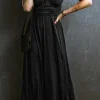 Sale Dear-Lover Short Sleeve Shirred High Waist V Neck Maxi Dress Black