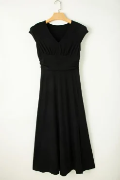 Sale Dear-Lover Short Sleeve Shirred High Waist V Neck Maxi Dress Black