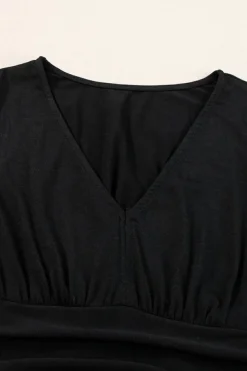 Sale Dear-Lover Short Sleeve Shirred High Waist V Neck Maxi Dress Black
