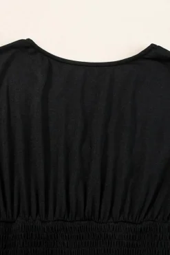 Sale Dear-Lover Short Sleeve Shirred High Waist V Neck Maxi Dress Black