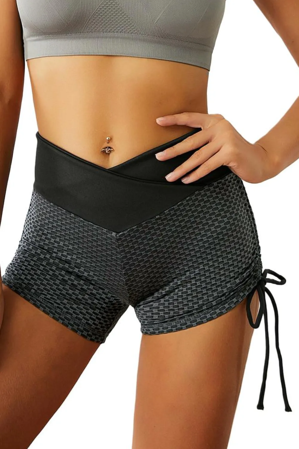 Sale Dear-Lover Side Drawstring Anti Cellulite High Waist Scrunch Butt Lift Shorts Black