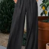 Outlet Dear-Lover Side Pockets Frilled Smocked High Waist Wide Leg Jeans Black