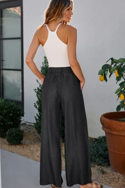 Outlet Dear-Lover Side Pockets Frilled Smocked High Waist Wide Leg Jeans Black
