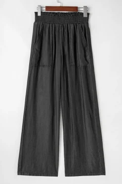 Outlet Dear-Lover Side Pockets Frilled Smocked High Waist Wide Leg Jeans Black