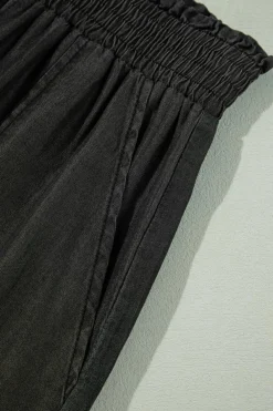 Outlet Dear-Lover Side Pockets Frilled Smocked High Waist Wide Leg Jeans Black