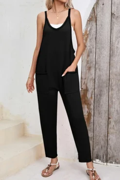 Online Dear-Lover Side Pockets Harem Pants Sleeveless V Neck Jumpsuit Black