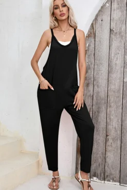 Online Dear-Lover Side Pockets Harem Pants Sleeveless V Neck Jumpsuit Black