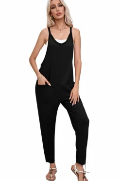 Online Dear-Lover Side Pockets Harem Pants Sleeveless V Neck Jumpsuit Black