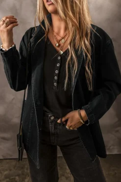 Hot Dear-Lover Side Pockets Lapel Collar Denim Jacket Black