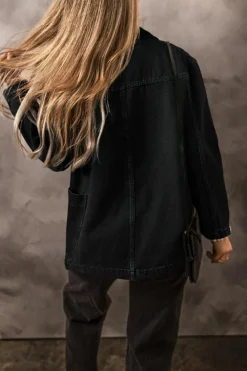 Hot Dear-Lover Side Pockets Lapel Collar Denim Jacket Black