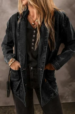 Hot Dear-Lover Side Pockets Lapel Collar Denim Jacket Black