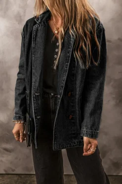 Hot Dear-Lover Side Pockets Lapel Collar Denim Jacket Black