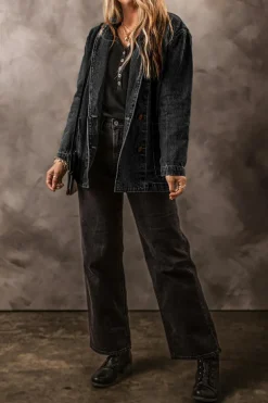 Hot Dear-Lover Side Pockets Lapel Collar Denim Jacket Black