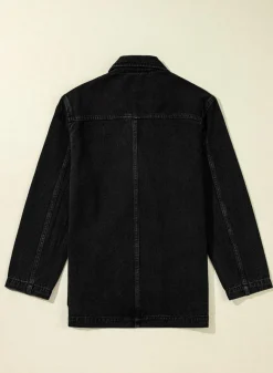 Hot Dear-Lover Side Pockets Lapel Collar Denim Jacket Black