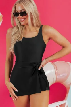 Hot Dear-Lover Side Tied Waist Square Neck Adjustable Straps A-line One Piece Swim Dress Black
