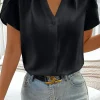 Hot Dear-Lover Silky Notched Neckline Petal Sleeve Blouse Black