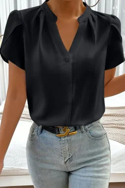 Hot Dear-Lover Silky Notched Neckline Petal Sleeve Blouse Black