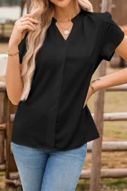 Hot Dear-Lover Silky Notched Neckline Petal Sleeve Blouse Black