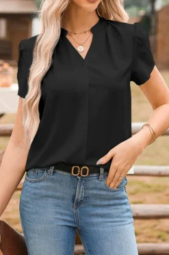 Hot Dear-Lover Silky Notched Neckline Petal Sleeve Blouse Black