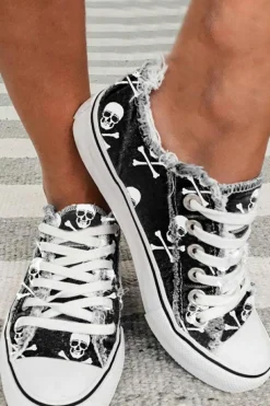 Outlet Dear-Lover Skull Print Lace-up Canvas Sneakers Black