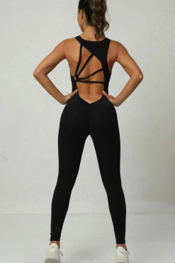 Discount Dear-Lover Sleeveless Front Cut out V Neck Yoga Jumpsuit Black
