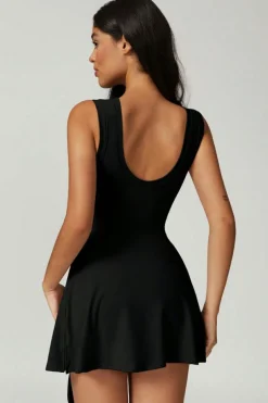 Clearance Dear-Lover Sleeveless Knot Skirt Hem Sports Romper Black