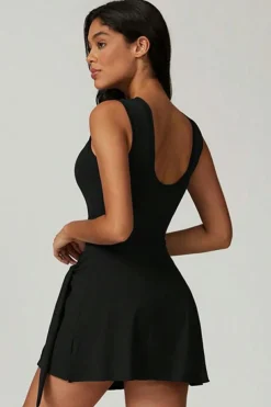 Clearance Dear-Lover Sleeveless Knot Skirt Hem Sports Romper Black