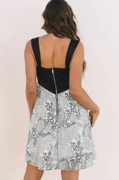 Online Dear-Lover Sleeveless Leather Bustier Patchwork Paisley Floral Chiffon Dress Black