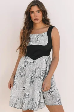 Online Dear-Lover Sleeveless Leather Bustier Patchwork Paisley Floral Chiffon Dress Black