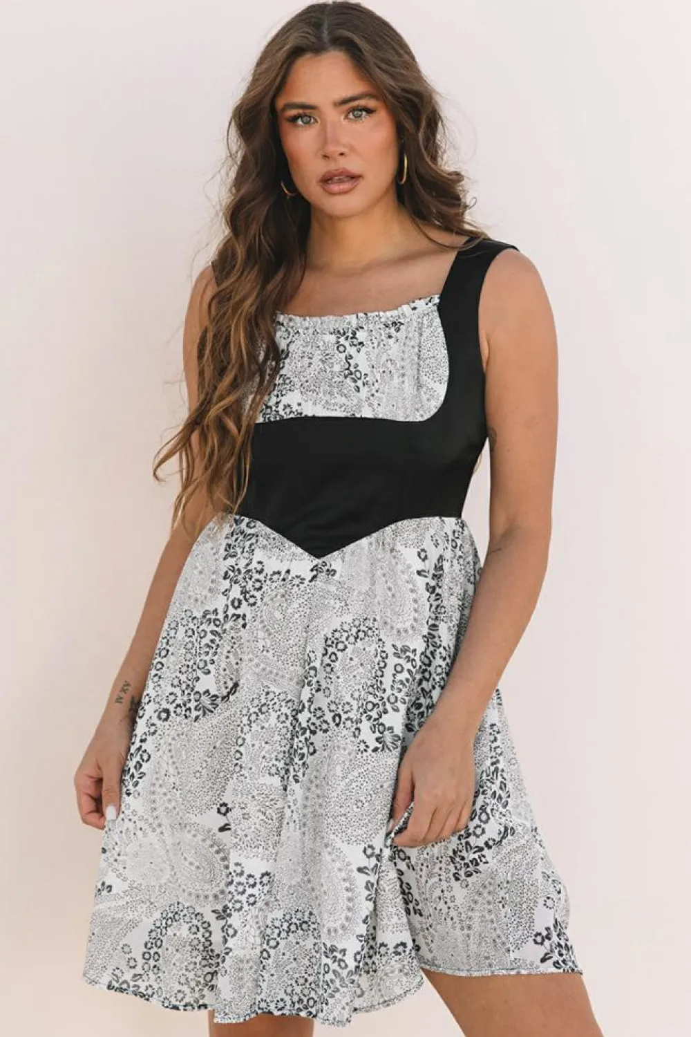 Online Dear-Lover Sleeveless Leather Bustier Patchwork Paisley Floral Chiffon Dress Black