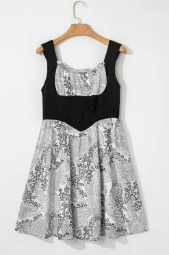 Online Dear-Lover Sleeveless Leather Bustier Patchwork Paisley Floral Chiffon Dress Black