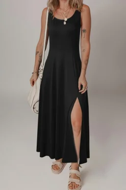 Online Dear-Lover Sleeveless Scoop Neck Flared Split Midi Dress Black