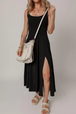Online Dear-Lover Sleeveless Scoop Neck Flared Split Midi Dress Black