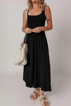 Online Dear-Lover Sleeveless Scoop Neck Flared Split Midi Dress Black