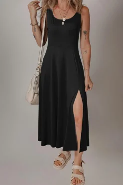 Online Dear-Lover Sleeveless Scoop Neck Flared Split Midi Dress Black