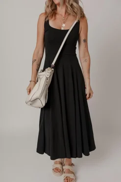Online Dear-Lover Sleeveless Scoop Neck Flared Split Midi Dress Black