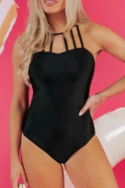 Clearance Dear-Lover Sleeveless Strappy Halter Neck Sexy One Piece Swimsuit Black