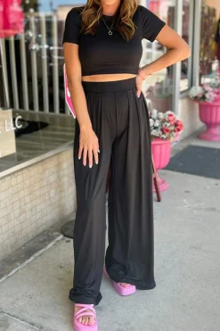Fashion Dear-Lover Slim Fit Crop Top and Pleated Wide Leg Pants Set Black