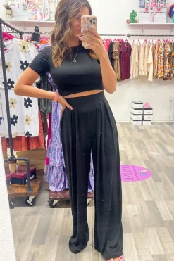 Fashion Dear-Lover Slim Fit Crop Top and Pleated Wide Leg Pants Set Black