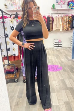 Fashion Dear-Lover Slim Fit Crop Top and Pleated Wide Leg Pants Set Black