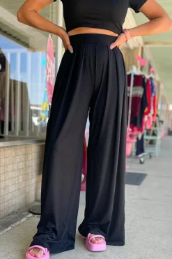 Fashion Dear-Lover Slim Fit Crop Top and Pleated Wide Leg Pants Set Black