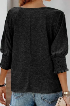Sale Dear-Lover Smocked 3/4 Sleeve Casual Loose Top Black