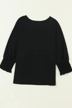 Sale Dear-Lover Smocked 3/4 Sleeve Casual Loose Top Black