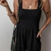 Sale Dear-Lover Smocked Bust Textured Knit Sleeveless Romper Black