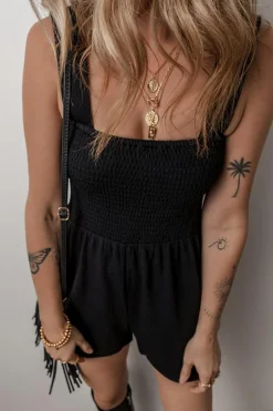 Sale Dear-Lover Smocked Bust Textured Knit Sleeveless Romper Black