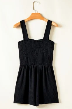 Sale Dear-Lover Smocked Bust Textured Knit Sleeveless Romper Black